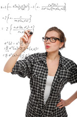 blonde student girl drawing a mathematical formula