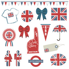 Wall Mural - great britain union jack flag design elements vector rosette ribbons bunting clipart objects isolated on white