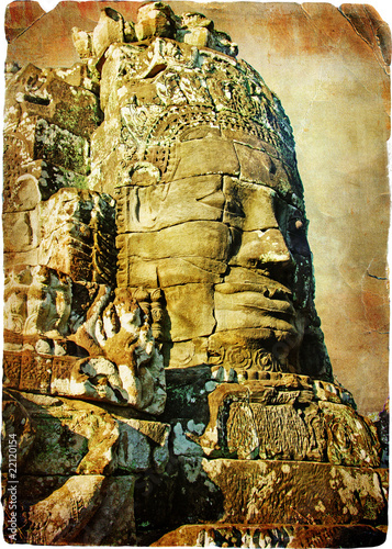 Fototapeta do kuchni bayon face - ancient temples of cambodia- vintage picture