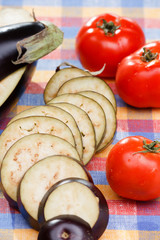 Poster - fresh eggplants and tomatoes.