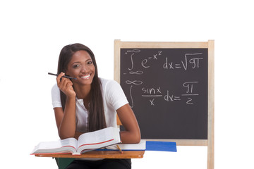 Black college student woman studying math exam