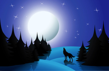 Wolf howling on moon, vector illustration