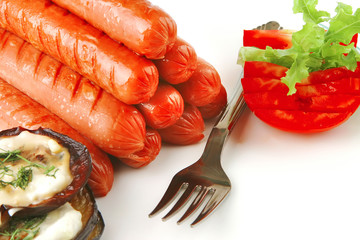 Poster - grilled beef sausages on white