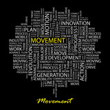 MOVEMENT. Word collage on black background.