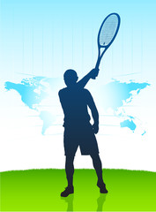 Wall Mural - Tennis Player with World Map on Field