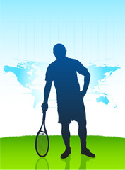 Wall Mural - Tennis Player with World Map on Field