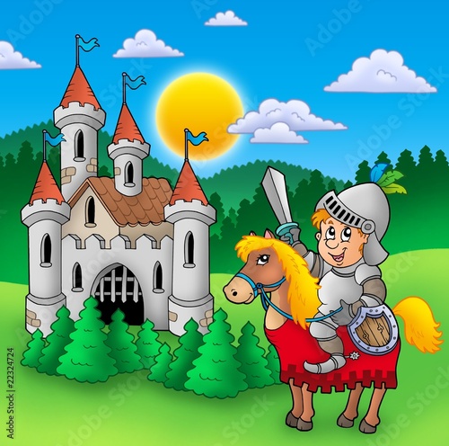 Fototapeta na wymiar Knight on horse with old castle