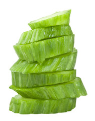 Poster - Pile of cucumber slices isolated over white.