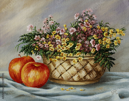 Fototapeta na wymiar Basket with buttercups and apples