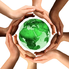 multiracial hands around the earth globe