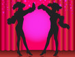 Welcome! Silhouette of two showgirls in cabaret.