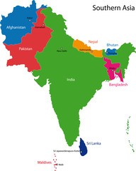 Sticker - Colorful Southern Asia map with countries and capital cities