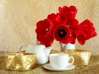 still life with red tulips