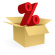 Vector big red percentage sign rises from a box