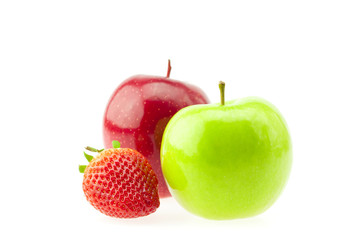 two apples and strawberries isolated on white