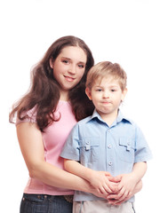 mother and son isolated on white