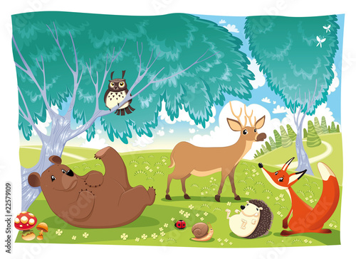 Naklejka na szybę Animals in the wood. Funny cartoon and vector illustration