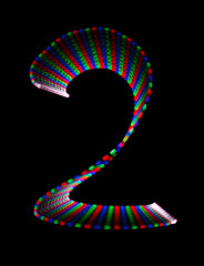 Illuminated rainbow figure 2 on black background. Isolated.