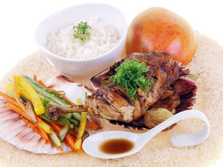 Wall Mural - fried chicken adobo with rice isolated on white background