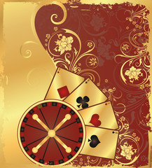 Wall Mural - Casino  background with roulette and poker cards, vector