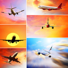 Wall Mural - Collage of photos by airplanes at fly on the sky with clouds