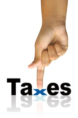 Hand with taxes word isolated in white