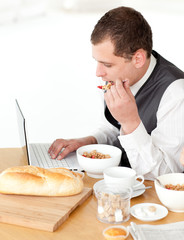 Sticker - Charming businessman using a laptop while having breakfast