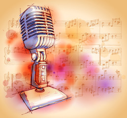 Wall Mural - Vector Classic Microphone, watercolor background & notes