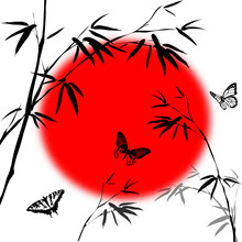 Bamboo Branches , Red Sun And Butterflies