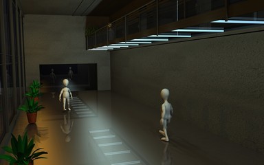 Poster - 3d render of cartoon character in modern hall