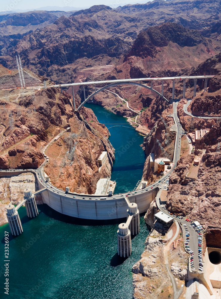 Aerial view of Hoover Dam and the Colorado River Bridge Stock Photo ...