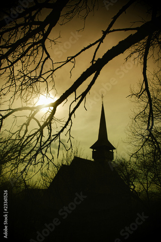 Dracula's land at sunset, church in Transylvania Poster