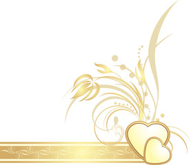 Wall Mural - Golden hearts with decorative sprig on the ribbon. Vector