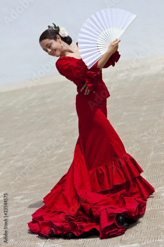 Traditional Woman Spanish Flamenco Dancer In Red Dress With Fan Plakát