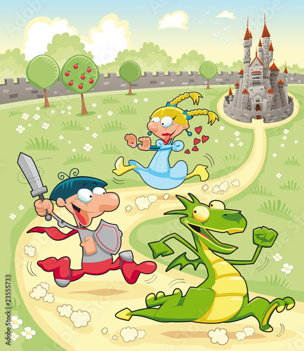 Plakat na zamówienie Dragon, Prince and Princess with background. Vector scene.