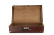 Vintage brown leather suitcase, open.