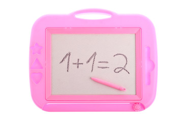 Pink magnetic drawing board with 1+1=2 equation isolated