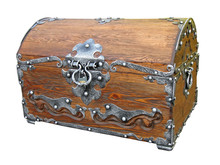 Piratical Vintage Closed Wooden Chest With Rivet Metal Handle Isolated On White Background, Antique Carribean Piratic Treasures In Retro Box Container, Jewelry Wealth Diversity, Pirate Concept