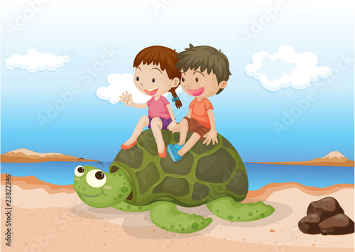 Foto-Plissee - Girl and Boy Sitting on Tortoise (von GraphicsRF)