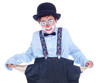crying child clown showing his empty trousers pockets