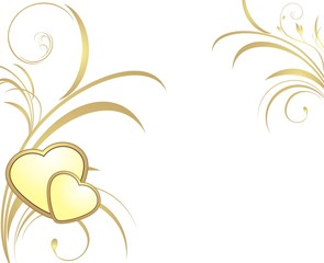 Wall Mural - Two golden hearts with decorative sprigs. Vector