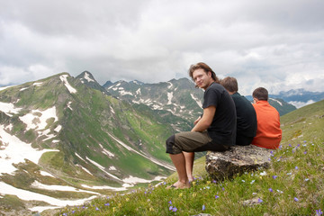 Hiker in Caucasus mountains