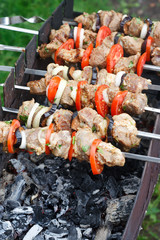 Canvas Print - kebab grilled with vegetables on metal skewers