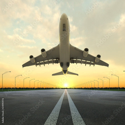 Naklejka na kafelki takeoff plane in airport at sunset