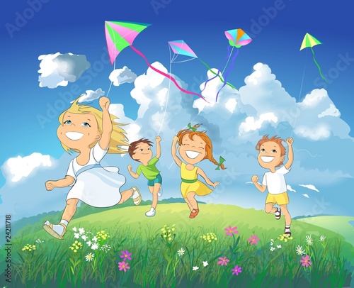 Foto-Plissee - Children flying kites in the meadow on a blue sky background. (von Regisser.com)