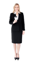 Poster - A happy businesswoman holding a cup of cofffe