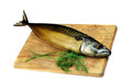 Smoked mackerel fish on a cutting board