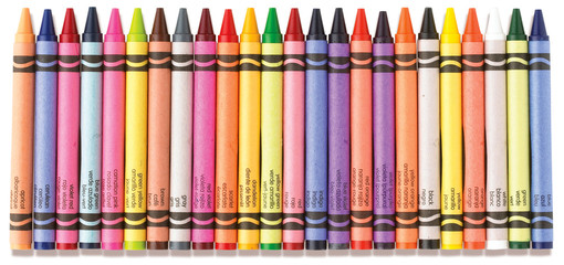 colorful row of crayons on a white background