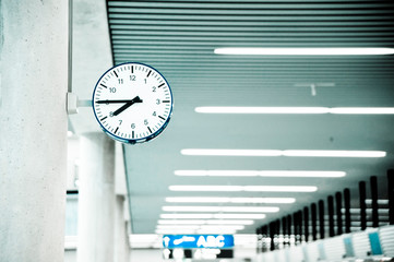 Public Clock In Frankfurt Airport With Copyspace