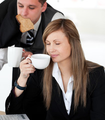 Sticker - Pretty businesswoman enjoy her coffee in the morning